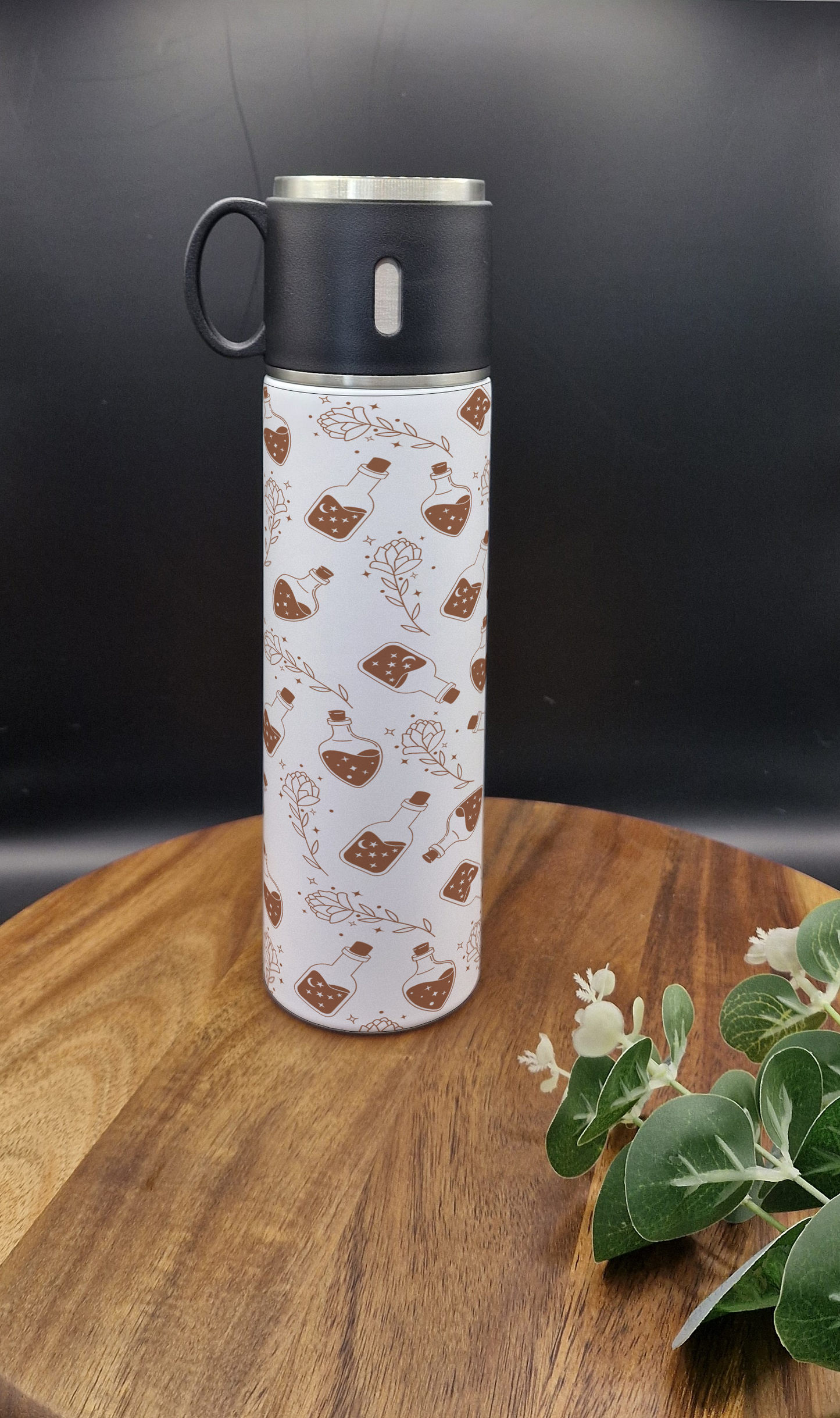 500ml Stainless Steel Thermos Bottle and Cup (Witchy, potions bottles brown ver)